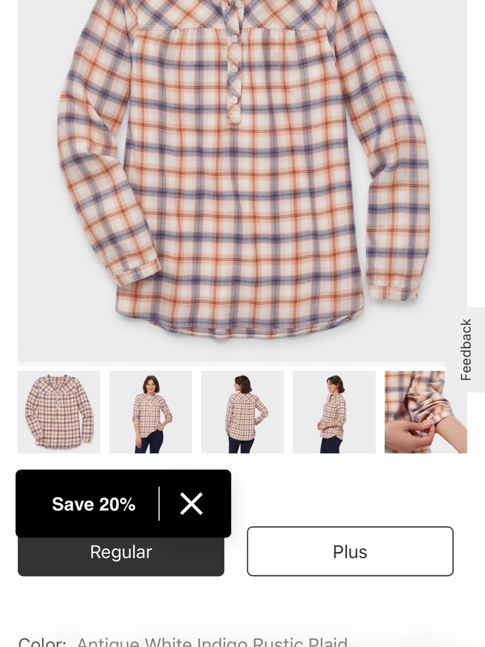 Duluth Trading Co Antique White, Indigo & Rust Plaid Button Henley Blouse